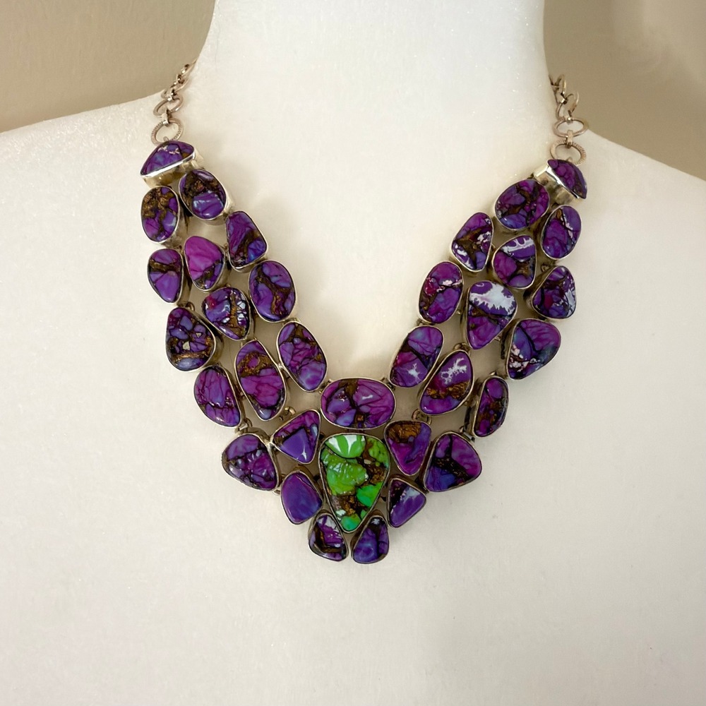 Turquoise Bib Necklace Sterling Silver Purple Green Copper